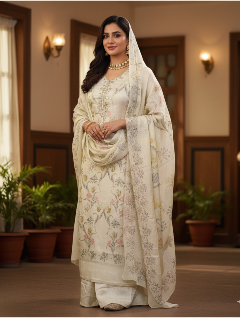 Wheat Suit with Neck & Front Embroidery