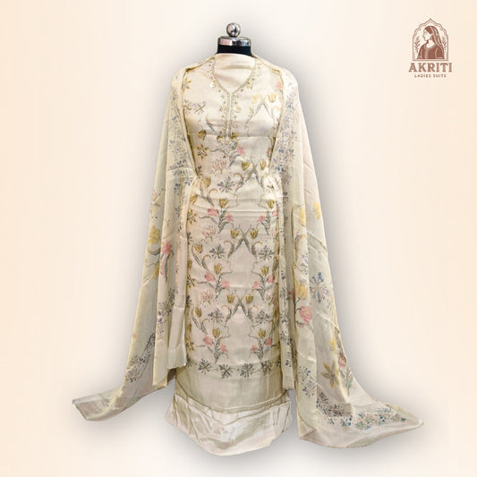 Wheat Suit with Neck & Front Embroidery
