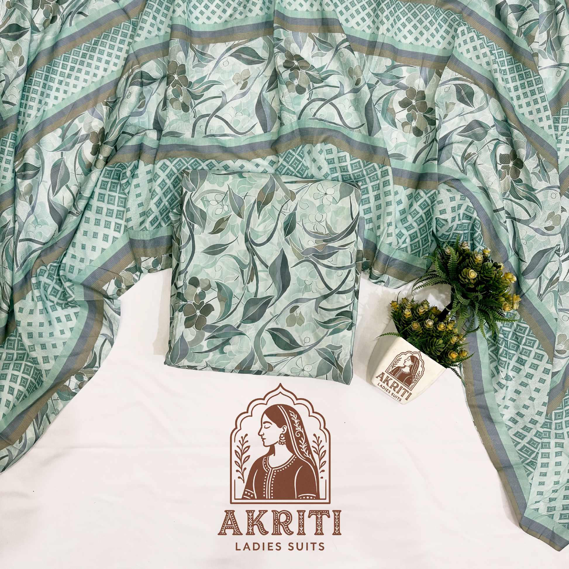 A botanical/vine motif with large, stylized leaves and floral elements, giving a soft, flowing, and nature-inspired look ,Printed on VISCOSE CRAPE fabric and SUMMER CHECK dupatta with a CRAPE DYED bottom