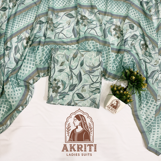 A botanical/vine motif with large, stylized leaves and floral elements, giving a soft, flowing, and nature-inspired look ,Printed on VISCOSE CRAPE fabric and SUMMER CHECK dupatta with a CRAPE DYED bottom